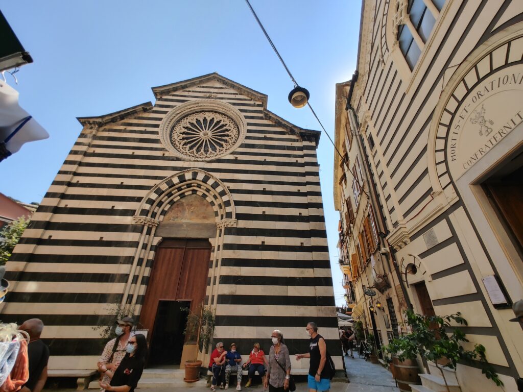 The Church of Saint John the Baptist in Monterosso al Mare, Italy. Photo of a church in coastal Italy. 