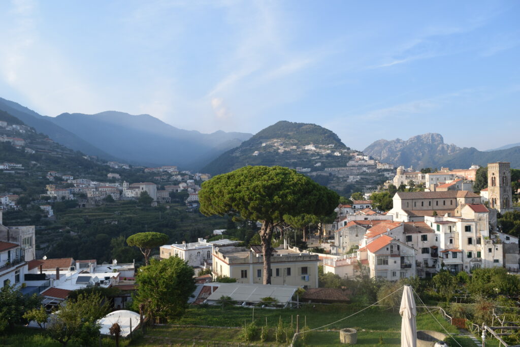 Photo of the mountainous landscape in Ravello, a village in coastal Italy. 